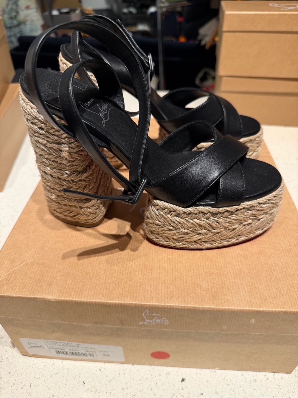 Christian Louboutin Super Mariza 130 Black Leather Espadrille Wedge Sandals - Picture 2 of 11